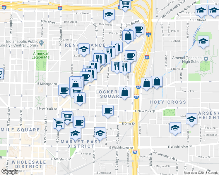 map of restaurants, bars, coffee shops, grocery stores, and more near 441 North Park Avenue in Indianapolis