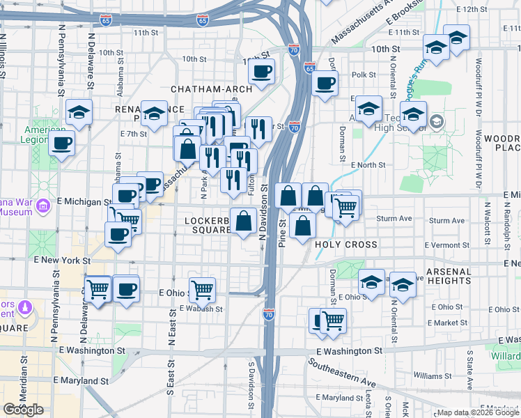 map of restaurants, bars, coffee shops, grocery stores, and more near 890 East Michigan Street in Indianapolis