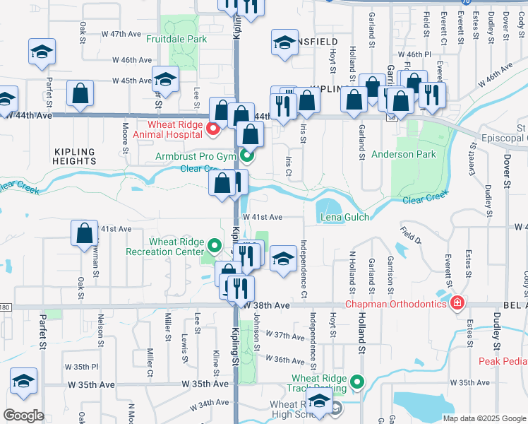 map of restaurants, bars, coffee shops, grocery stores, and more near 9845 West 41st Avenue in Wheat Ridge