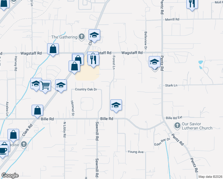 map of restaurants, bars, coffee shops, grocery stores, and more near 6274 Forest Lane in Paradise
