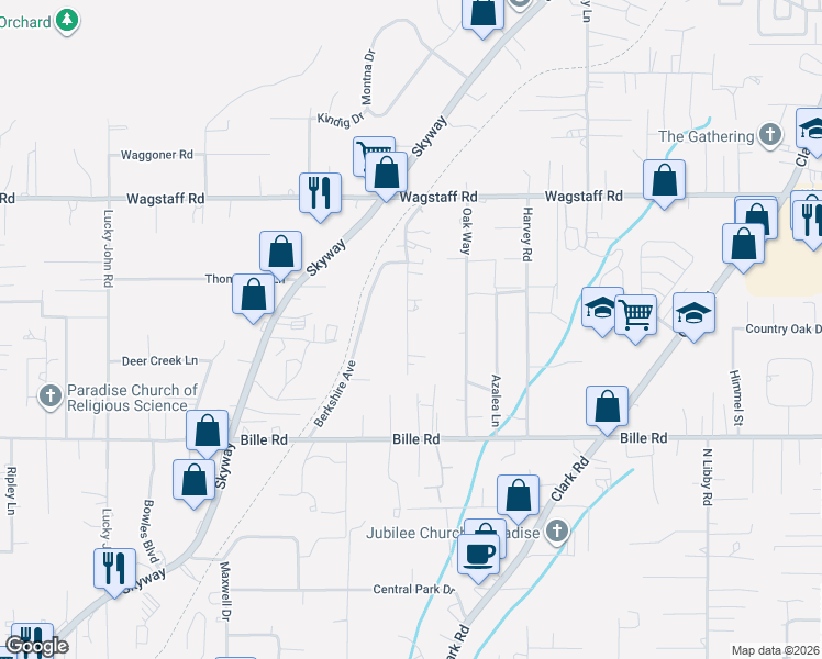 map of restaurants, bars, coffee shops, grocery stores, and more near 6296 Diamond Avenue in Paradise