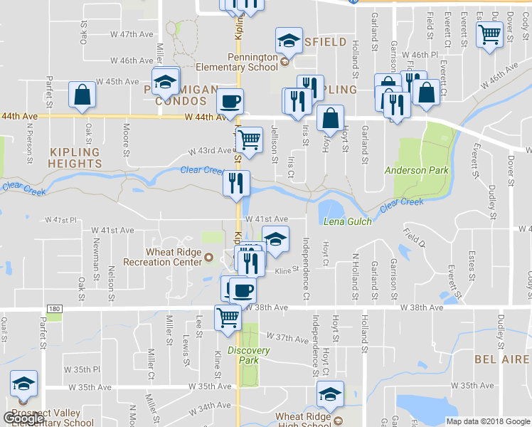map of restaurants, bars, coffee shops, grocery stores, and more near 9845 West 41st Avenue in Wheat Ridge