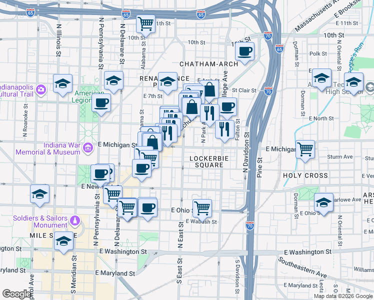 map of restaurants, bars, coffee shops, grocery stores, and more near 516 East Michigan Street in Indianapolis