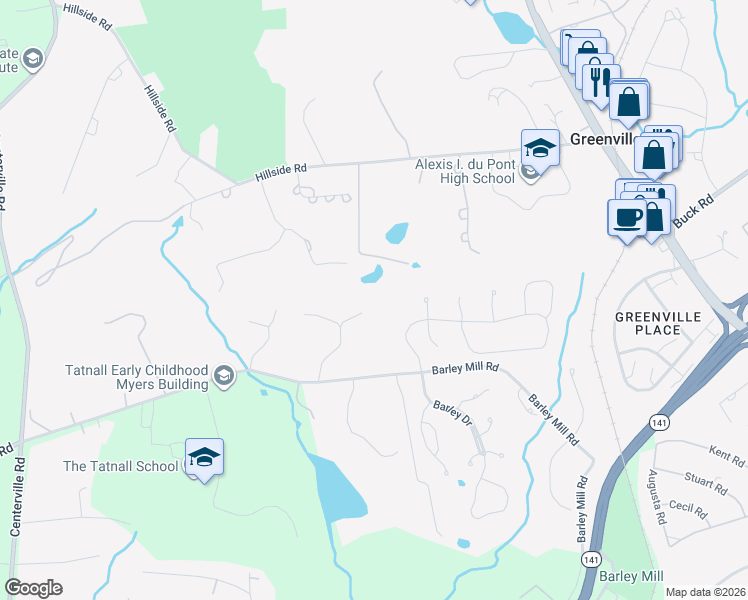 map of restaurants, bars, coffee shops, grocery stores, and more near 5 Barley Mill Drive in Wilmington