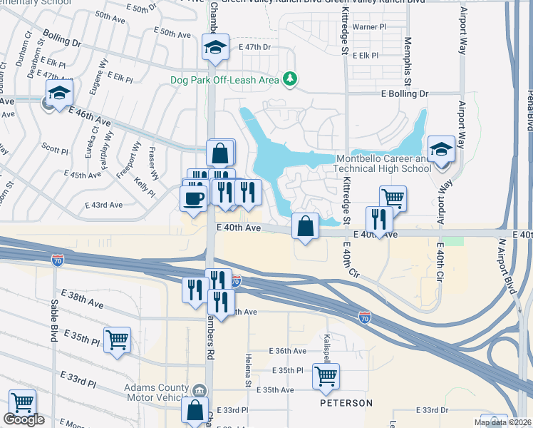 map of restaurants, bars, coffee shops, grocery stores, and more near 15555 East 40th Avenue in Denver