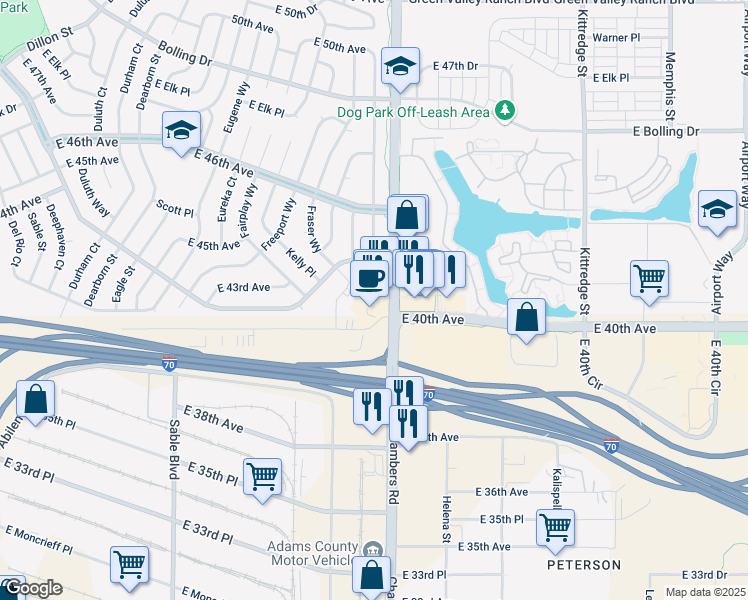 map of restaurants, bars, coffee shops, grocery stores, and more near 15170 Andrews Drive in Denver