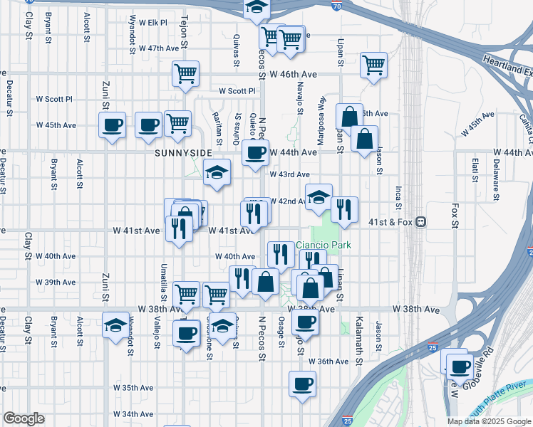 map of restaurants, bars, coffee shops, grocery stores, and more near 4190 North Pecos Street in Denver