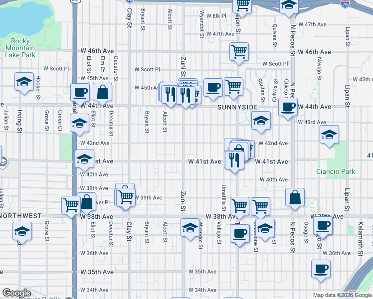 map of restaurants, bars, coffee shops, grocery stores, and more near 4157 Wyandot Street in Denver