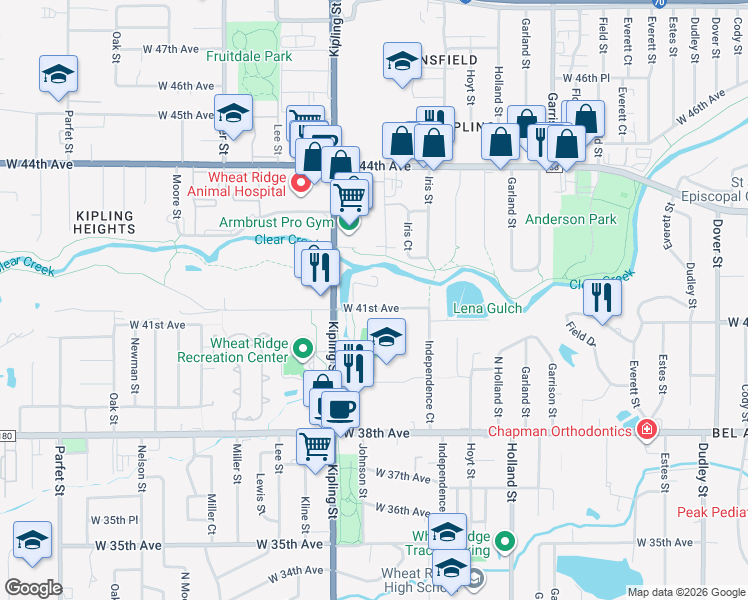 map of restaurants, bars, coffee shops, grocery stores, and more near 9845 West 41st Avenue in Wheat Ridge