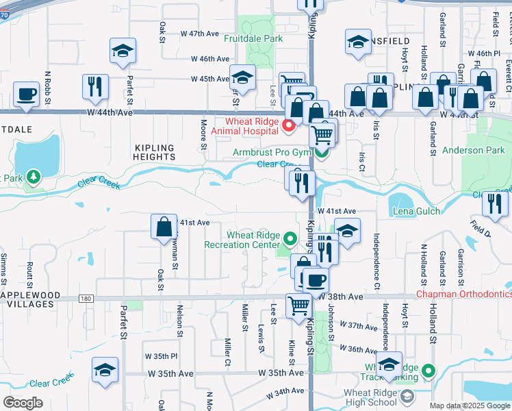 map of restaurants, bars, coffee shops, grocery stores, and more near 10297 West 41st Avenue in Wheat Ridge