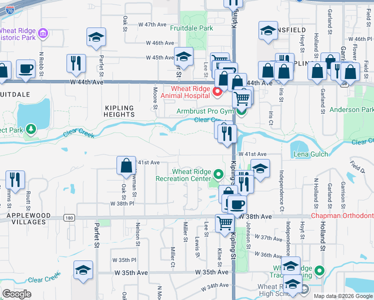 map of restaurants, bars, coffee shops, grocery stores, and more near 4106 North Miller Street in Wheat Ridge
