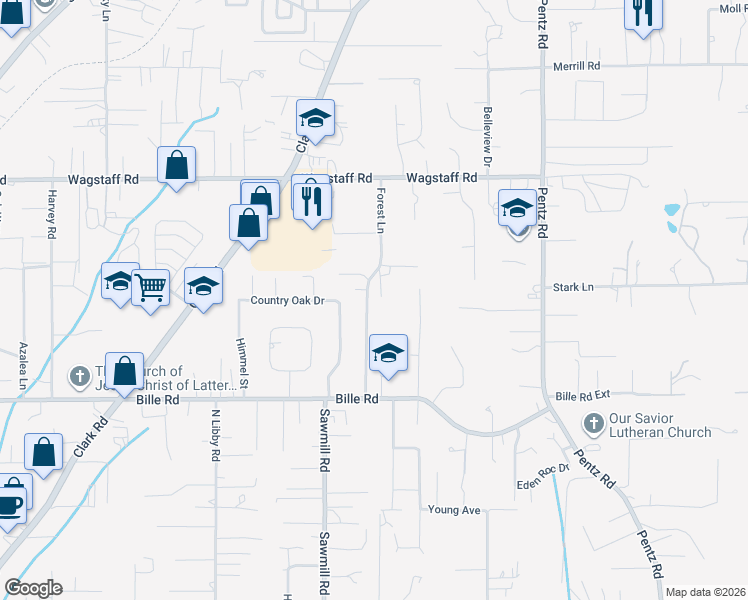 map of restaurants, bars, coffee shops, grocery stores, and more near 6274 Forest Lane in Paradise