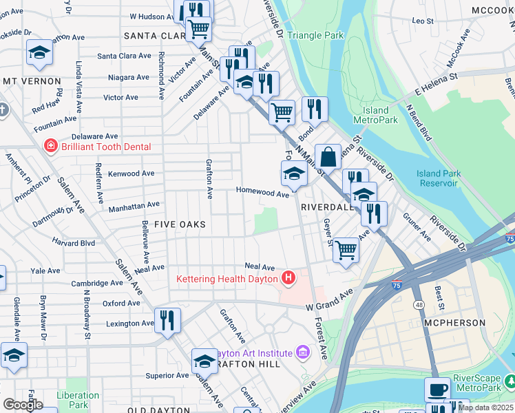 map of restaurants, bars, coffee shops, grocery stores, and more near 300-398 Homewood Ave in Dayton