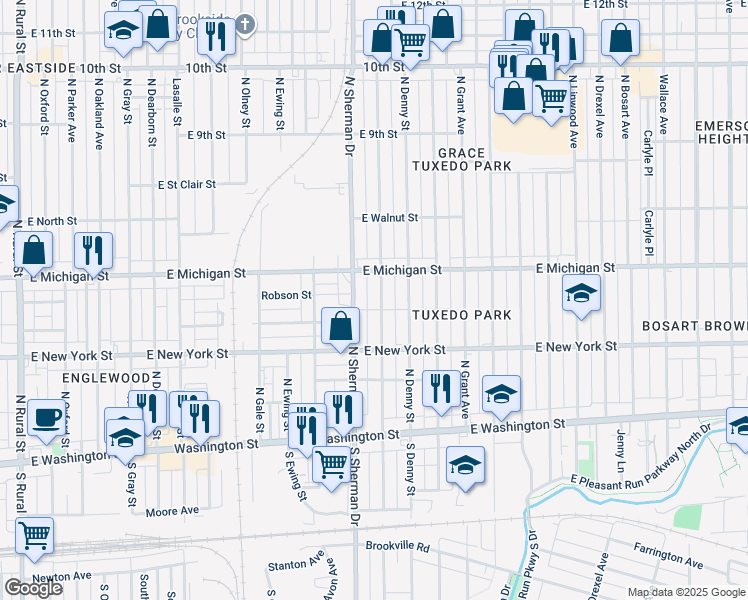 map of restaurants, bars, coffee shops, grocery stores, and more near 422 North Bradley Avenue in Indianapolis