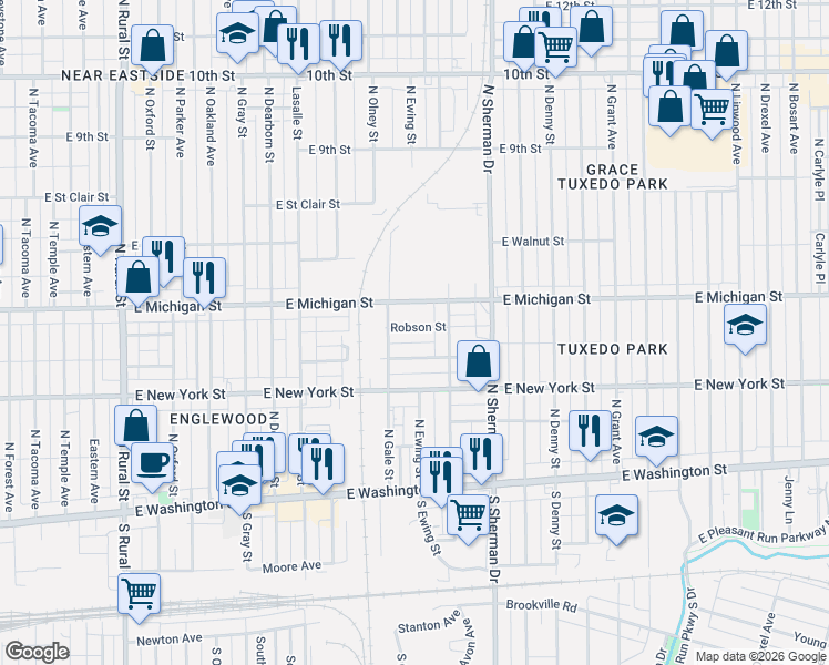 map of restaurants, bars, coffee shops, grocery stores, and more near 3618 Robson Street in Indianapolis