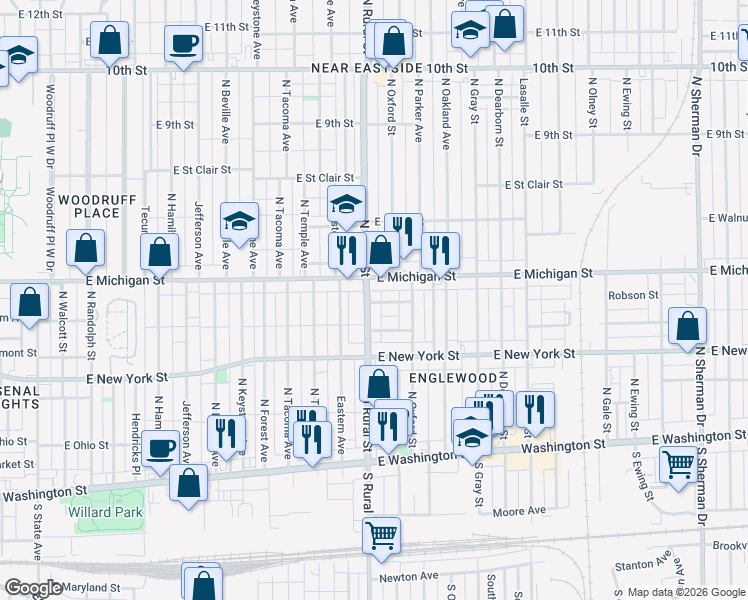 map of restaurants, bars, coffee shops, grocery stores, and more near in Indianapolis