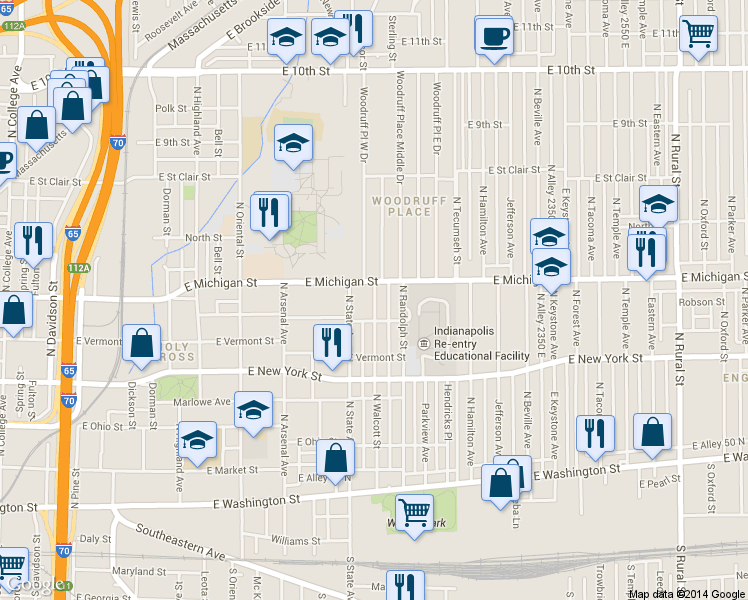 map of restaurants, bars, coffee shops, grocery stores, and more near 1739 East Michigan Street in Indianapolis