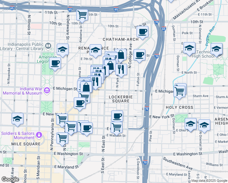map of restaurants, bars, coffee shops, grocery stores, and more near 516 East Michigan Street in Indianapolis