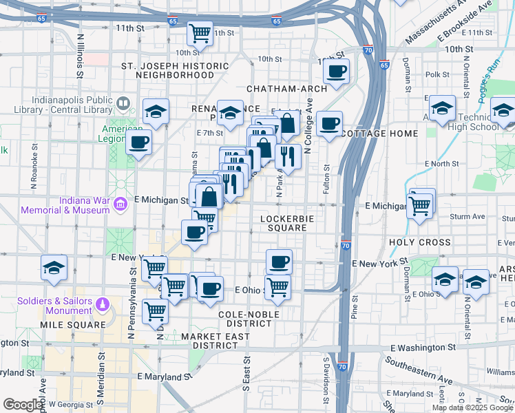 map of restaurants, bars, coffee shops, grocery stores, and more near 516 East Michigan Street in Indianapolis