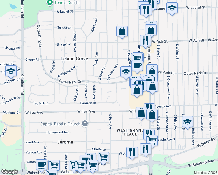 map of restaurants, bars, coffee shops, grocery stores, and more near 1322 Outer Park Drive in Springfield