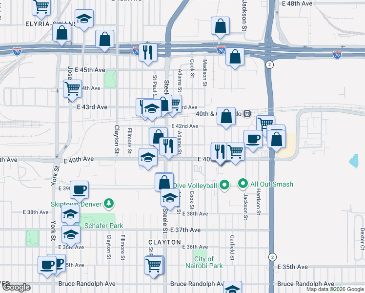 map of restaurants, bars, coffee shops, grocery stores, and more near 4101 Adams Street in Denver