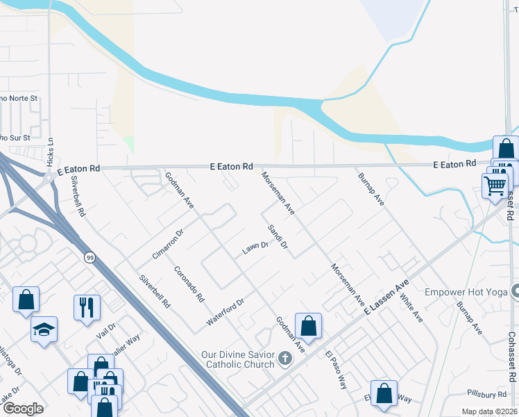 map of restaurants, bars, coffee shops, grocery stores, and more near 3019 Sandi Drive in Chico