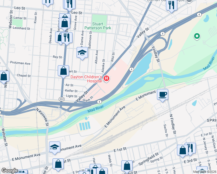 map of restaurants, bars, coffee shops, grocery stores, and more near 1 Childrens Plaza in Dayton