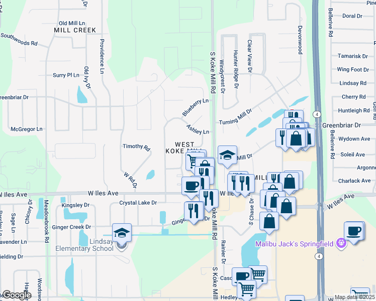 map of restaurants, bars, coffee shops, grocery stores, and more near 2204 Boysenberry Lane in Springfield