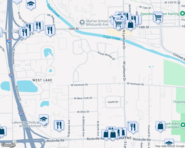 map of restaurants, bars, coffee shops, grocery stores, and more near 504 Forest Hills Drive in Indianapolis