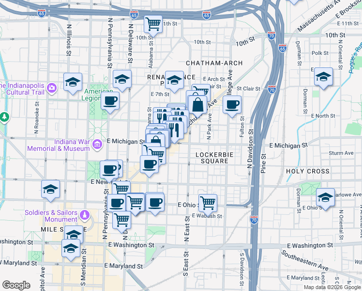 map of restaurants, bars, coffee shops, grocery stores, and more near 420 East Michigan Street in Indianapolis