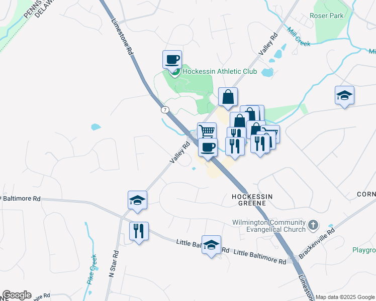 map of restaurants, bars, coffee shops, grocery stores, and more near 58 Emandan Lane in Hockessin