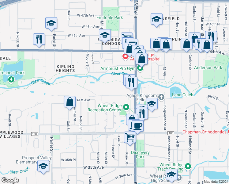 map of restaurants, bars, coffee shops, grocery stores, and more near 10297 West 41st Avenue in Wheat Ridge