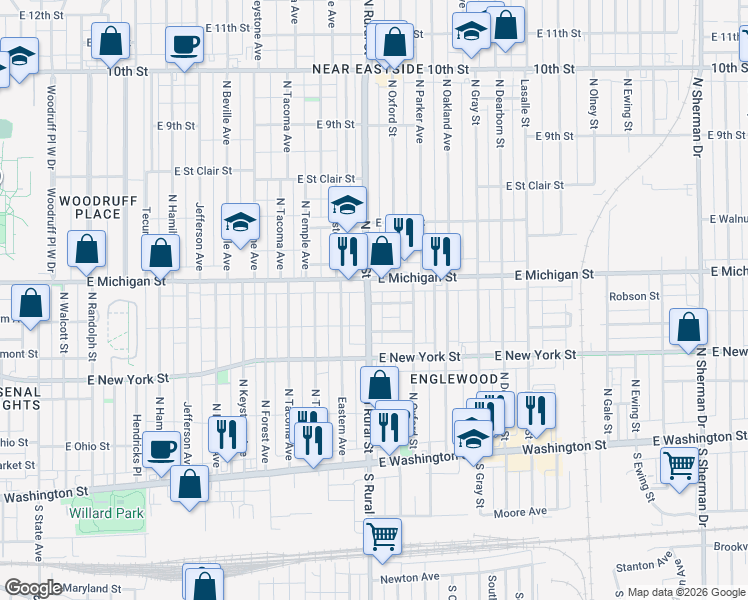 map of restaurants, bars, coffee shops, grocery stores, and more near in Indianapolis