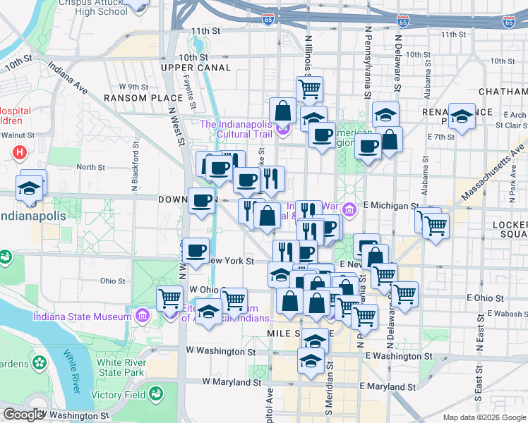 map of restaurants, bars, coffee shops, grocery stores, and more near 401 North Senate Avenue in Indianapolis