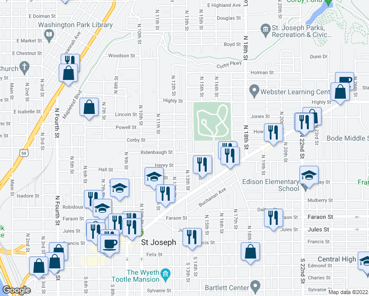 map of restaurants, bars, coffee shops, grocery stores, and more near 806 North 13th Street in Saint Joseph