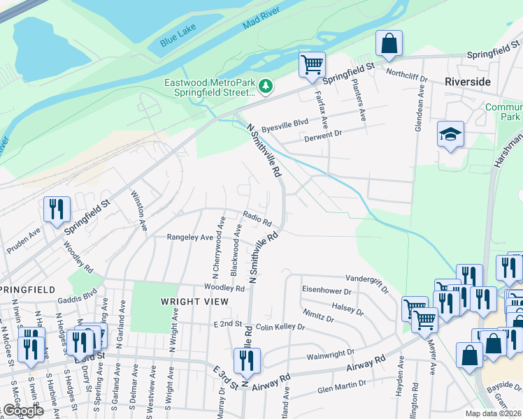 map of restaurants, bars, coffee shops, grocery stores, and more near 423 Briarwood Avenue in Dayton