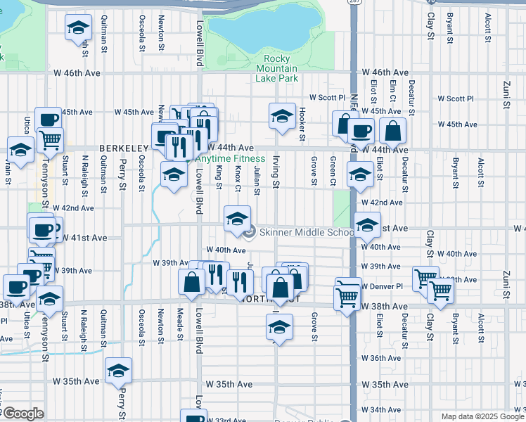 map of restaurants, bars, coffee shops, grocery stores, and more near 4151 Julian Street in Denver
