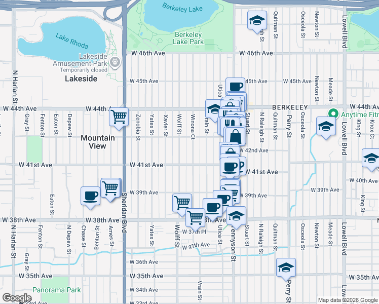 map of restaurants, bars, coffee shops, grocery stores, and more near 4157 Winona Court in Denver