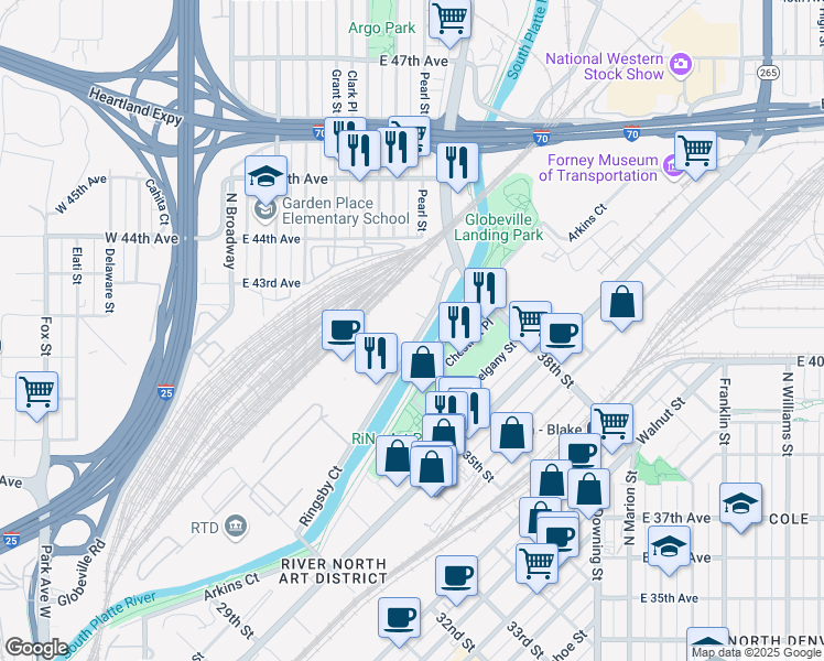 map of restaurants, bars, coffee shops, grocery stores, and more near 3575 Ringsby Court in Denver