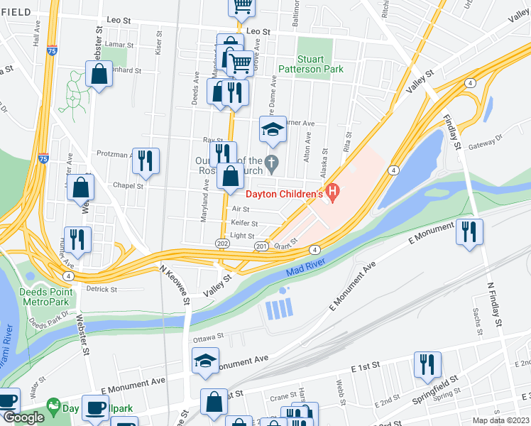 map of restaurants, bars, coffee shops, grocery stores, and more near 276 Air Street in Dayton