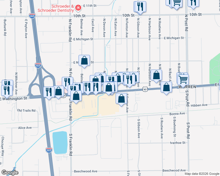 map of restaurants, bars, coffee shops, grocery stores, and more near 8310 East Washington Street in Indianapolis