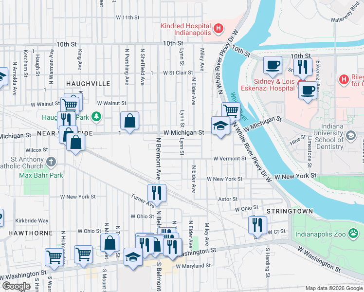 map of restaurants, bars, coffee shops, grocery stores, and more near Lynn St & Wilcox St in Indianapolis