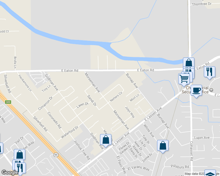 map of restaurants, bars, coffee shops, grocery stores, and more near 914 Netters Circle in Chico