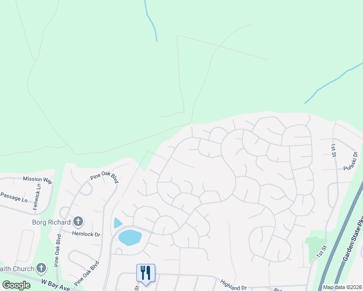 map of restaurants, bars, coffee shops, grocery stores, and more near 110 Lakeland Drive in Barnegat Township