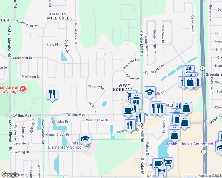 map of restaurants, bars, coffee shops, grocery stores, and more near 2128 Checkerberry Lane in Springfield