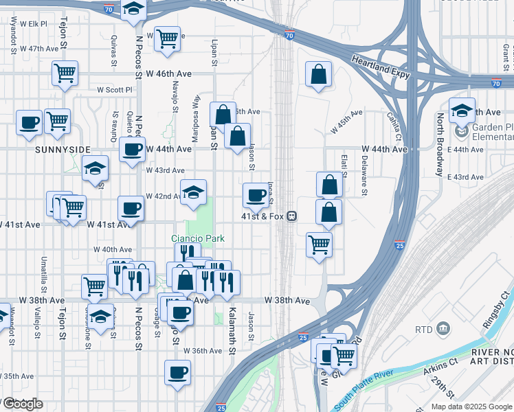 map of restaurants, bars, coffee shops, grocery stores, and more near 4191 Inca Street in Denver