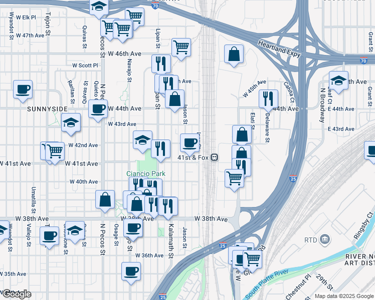 map of restaurants, bars, coffee shops, grocery stores, and more near 4191 Inca Street in Denver
