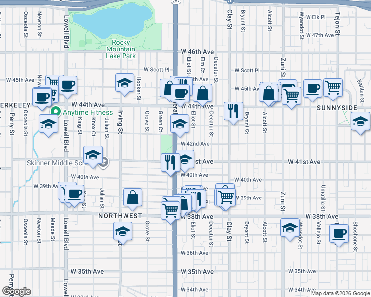 map of restaurants, bars, coffee shops, grocery stores, and more near 4155 Eliot Street in Denver