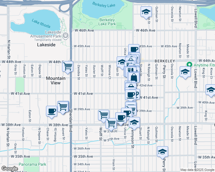 map of restaurants, bars, coffee shops, grocery stores, and more near 4157 Winona Court in Denver