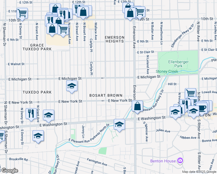 map of restaurants, bars, coffee shops, grocery stores, and more near 418 North Riley Avenue in Indianapolis